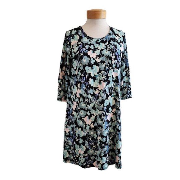 J.Jill Wearever Collection Dark Floral Black Blue 3/4 Sleeve Stretchy Tunic PS - Picture 1 of 12
